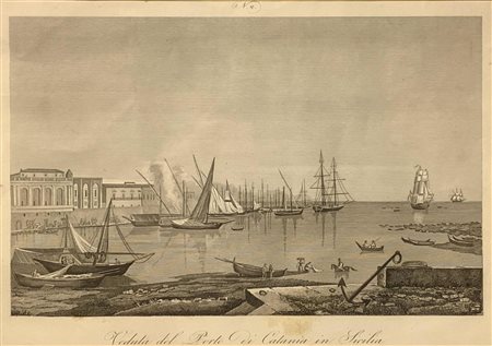 Incisione raffigurante vista del porto di Catania, metà XIX secolo, cm 22x31...