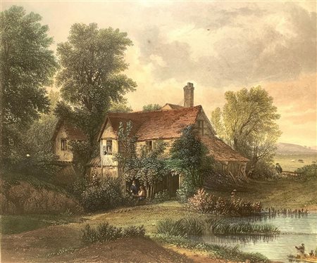 Incisione in acciaio all’acquaforte acquarellata raffigurante casa in Old...