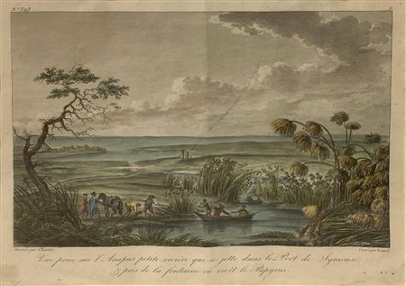 Incisione ad acquaforte acquarellata raffigurante l’Anapo che si getta nel...