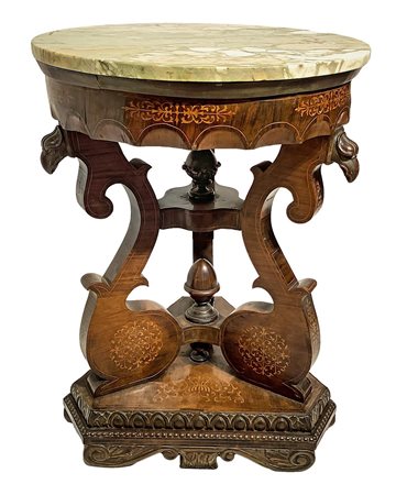 Tavolo in legno di palissandro, marmo al piano, base triangolare interamente...