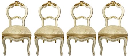 N. 4 sedie nei toni del beije e dorato a foglia, Luigi Filippo, XIX secolo,...