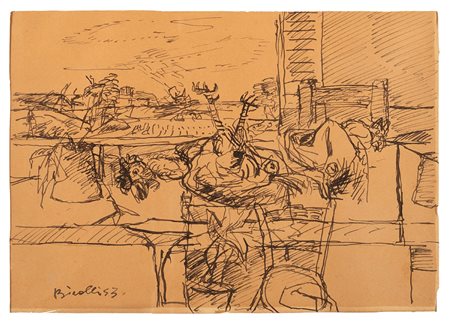 Renato Birolli (Verona 1905-Milano 1959)  - Senza titolo (natura mora con polli), 1943