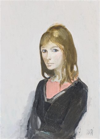 Alberto Sughi (Cesena 1928-Bologna 2012)  - Donna con abito rosa e nero