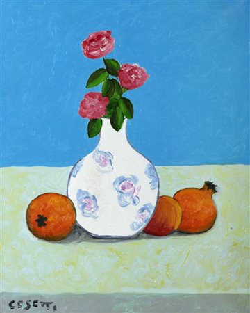 Giuseppe Cesetti (Tuscania 1902-Tuscania 1990)  - Natura morta e vaso con rose, 1987
