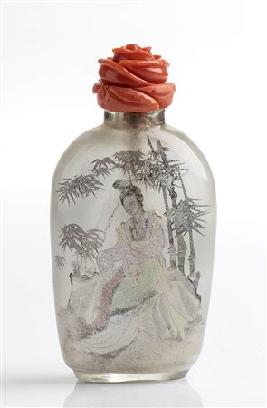 Snuff bottle cinese in vetro con tappo in corallo Cerasuolo  -  Manifattura Guarracino, Torre del Greco