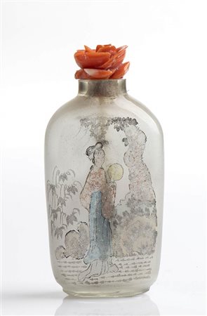 Snuff bottle cinese in vetro con tappo in corallo Cerasuolo  -  Manifattura Guarracino, Torre del Greco