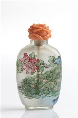 Snuff bottle cinese in vetro con tappo in corallo Cerasuolo  -  Manifattura Guarracino, Torre del Greco
