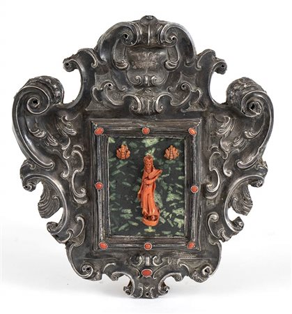 Scultura italiana in corallo Mediterraneo con cornice in argento - Napoli, 1757
