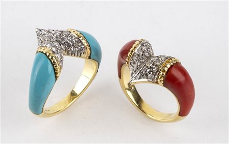 Coppia di anelli in corallo Mediterraneo, diamanti e turchese