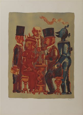 Borghese Franz Partita a scacchi Litografia firmata cm. 70x50 firmato in...