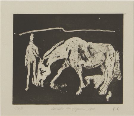 Casorati Felice Figura nella stanza xilografia cm 21,5x26 Cavallo con figura,...