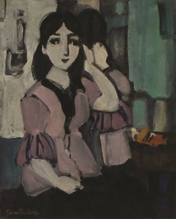 Cantatore Domenico Figura, 1956 olio su masonite cm 30x25 firmato in basso a...