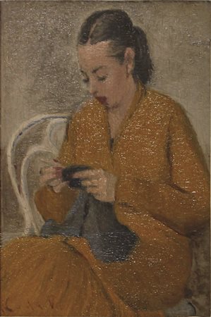 Calderara Antonio Donna che lavora all'uncinetto, 1952 olio su tavola cm...