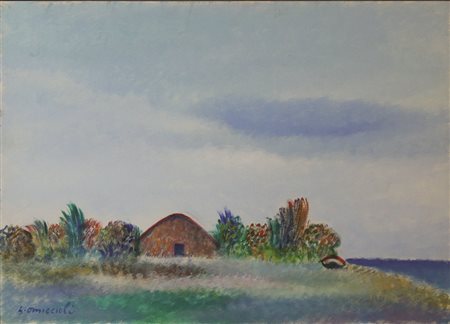 Omiccioli Giovanni Capanno e barca a Fregene olio su cartone cm 35x50 firmato...