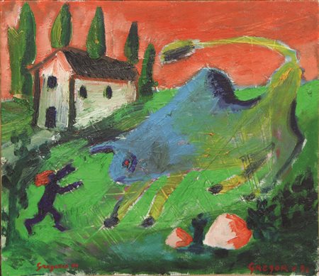 Ravaioli Gregorio Paesaggio e toro, 1991 Olio su tela cm. 36,5x40 firmato e...