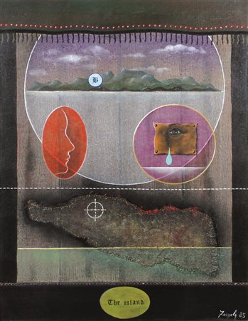 Fergola Sergio L'isola, 1985 olio e applicazioni su tela cm 80x60 firmato in...