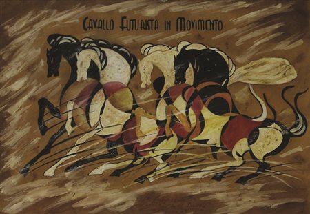 Grazioso David Cavallo futurista in movimento, 1943 Olio su carta cm 22,2x32...
