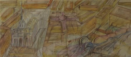 Bonetti Uberto Aereoveduta di Brera tecnica mista su carta cm 24x53