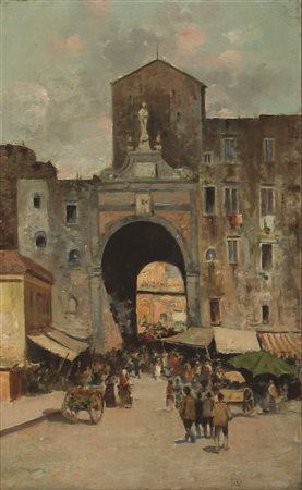 Achenbach Oswald Porta capuana olio su masonite cm 40x25,5 firma in basso a...