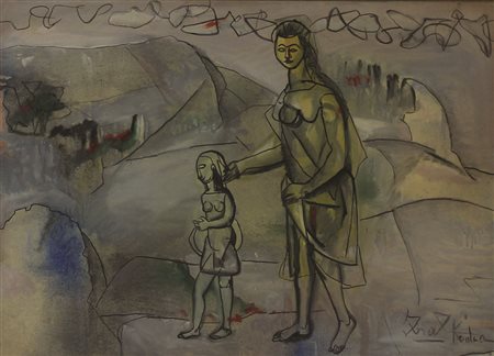 Kodra Ibrahim Personaggi, 1951-52 olio su tela cm 50x70 firmato in basso a...