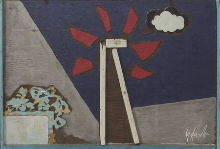 Dangelo Sergio Vicino a casa, (anni '60) olio e applicazioni su legno cm...