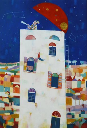 Marco Sudati IL CUSTODE DELLE STELLE olio su tela, cm 70x50 firma sul retro:...