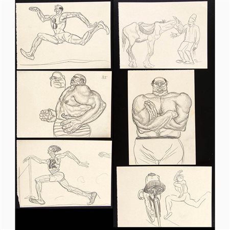 Sei disegni con rappresentazioni di atleti