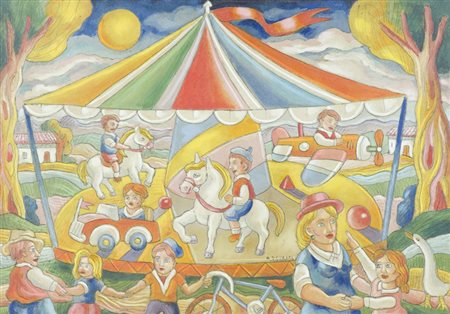 Roberto Sguanci La giostra di paese Olio su cartone inciso, cm. 50x70 Firmato...