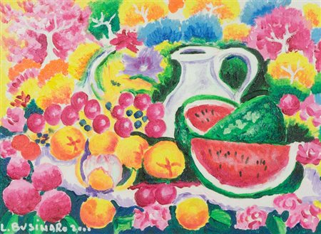 Leonardo Businaro Giardino con natura morta, 2000 Olio su tela, cm. 30x40...