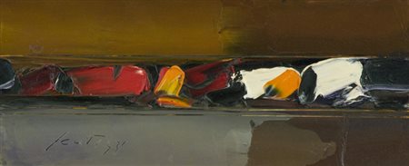 Sergio Scatizzi Natura morta Olio su tavola, cm. 15,5x36 Firmato in basso a...