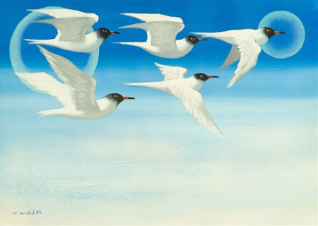 Magharbeh Wahid Le rondini di mare, 1985 Olio su tela, cm. 50x70 Firma e data...