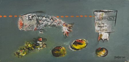 Mario Gamboni Natura morta, 1986 Olio su tela, cm. 30x60 Firmato in basso a...
