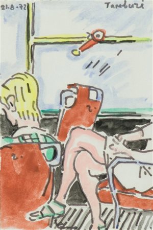 Orfeo Tamburi Sul tram, 1972 Pennarelli su carta intelata, cm. 13x8,5 Firma...