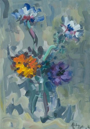 Enzo Pregno Vaso di fiori Olio su tela, cm. 50x35 Firmato in basso a destra....