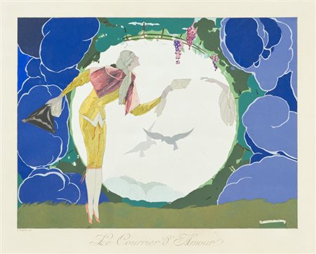 Umberto Brunelleschi Le courier d'amour Pochoir su carta, cm. 43,5x55,5...