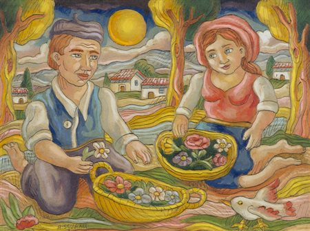 Roberto Sguanci La raccolta di fiori Olio su cartone inciso, cm. 30x40...