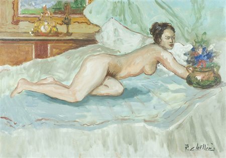 Paolo Chellini Nudo disteso Olio su tela, cm. 50x70 Firmato in basso a destra.