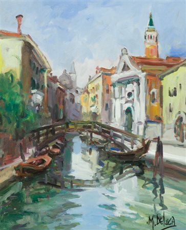 Mario De Luca Scorcio di Venezia Olio su tela, cm. 50x40 Firmato in basso a...
