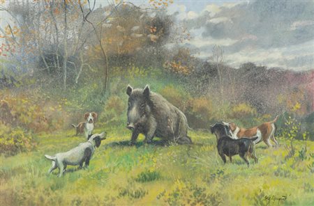 Giacomo Vaccaro Caccia al cinghiale Olio su tela, cm. 40x60 Firmato in basso...