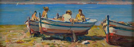 Giorgio Luxardo Pescatori palermitani Olio su tavola, cm. 11x28,5 Firmato in...