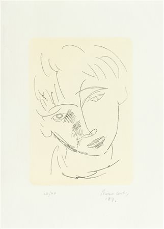 Primo Conti Volto, 1871 Acquaforte di cm. 40x28,5, su carta di cm. 66x49, es....