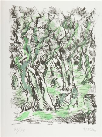 Renzo Grazzini Raccolta delle olive Litografia colorata a mano su carta, cm....