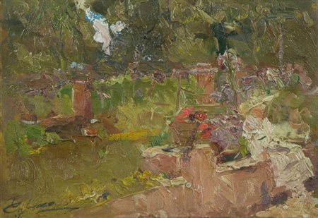 Giuseppe Casciaro In giardino Olio su tavola, cm. 13,5x19,5 Firmato in basso...