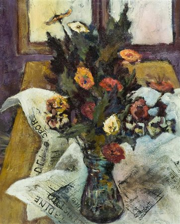 Vincenzo Fanti Fiori e giornale Olio su tela, cm. 50x40 Firmato in basso a...