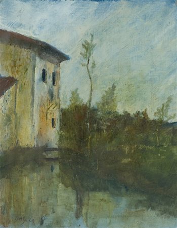 Franco Basile Paesaggio, 1961 Olio su cartone, cm. 29x23 Firmato in basso a...