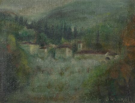 O. Monzali Paesaggio, 1964 Olio su cartone telato, cm. 17,5x23 Firmato in...
