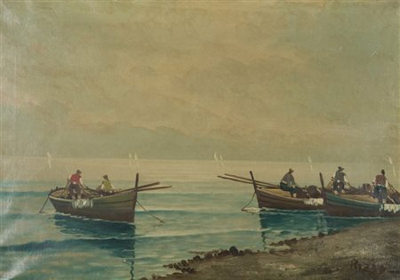 Rizzo Pescatori Olio su tela, cm. 50x70 Firmato in basso a destra.