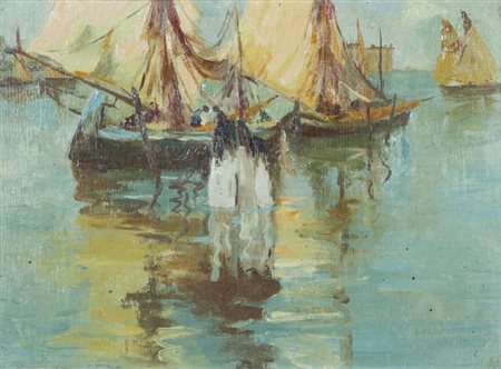 Anonimo Barche e pescatori Olio su tavola, cm. 23x30,5