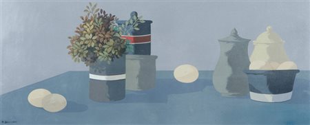 Marcello Boccacci Natura morta Olio su tavola, cm. 30x70 Firmato in basso a...