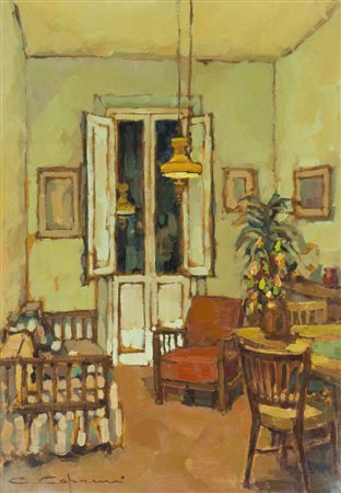 Carlo Capanni Interno con poltrona rossa, 1973 Olio su tavola, cm. 70x50...